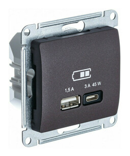 Розетка USB+USB type C Systeme Electric GLOSSA, скрытый монтаж, шоколад, GSL000829